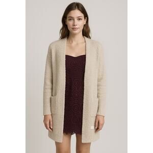Rachel Zoe Sweater Women XS Beige Open Front Textured Knit Cardigan Pockets Cozy